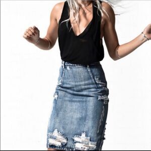 One Teaspoon Jean Rihana  Knee Length Midi Distressed Skirt Ford Wash  NWT